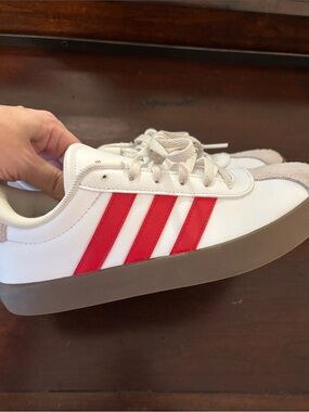 adidas Kids White Sneakers with Red Stripe VL COURT 3.0 SHOES BIG KIDS